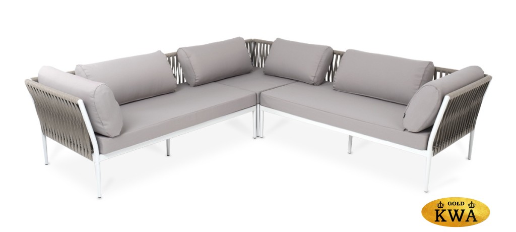 "Касабланка" диван модульный плетеный из роупа, каркас алюминий, роуп серо-коричневый 23мм, ткань бежевая 052