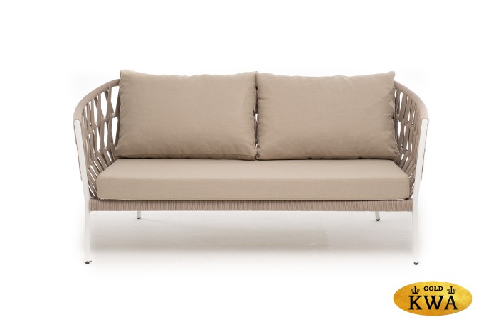 "Диего" диван 2-местный плетеный из роупа, каркас алюминий белый муар, роуп бежевый круглый, ткань бежевая 035
