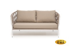&quot;Диего&quot; диван 2-местный плетеный из роупа, каркас алюминий белый муар, роуп бежевый круглый, ткань бежевая 035