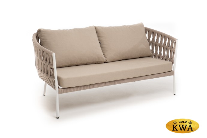 "Диего" диван 2-местный плетеный из роупа, каркас алюминий белый муар, роуп бежевый круглый, ткань бежевая 035