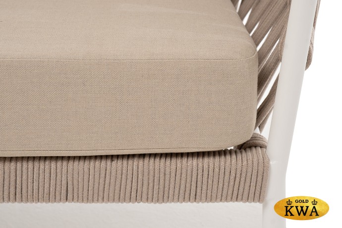 "Диего" диван 2-местный плетеный из роупа, каркас алюминий белый муар, роуп бежевый круглый, ткань бежевая 035