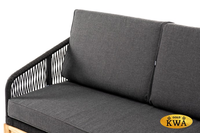 "Канны" диван 3-местный плетеный из роупа, основание дуб, роуп темно-серый круглый, ткань темно-серая