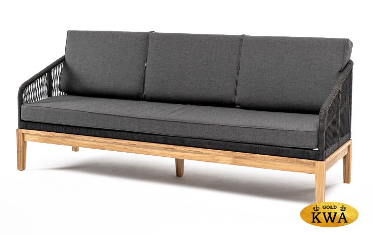 "Канны" диван 3-местный плетеный из роупа, основание дуб, роуп темно-серый круглый, ткань темно-серая