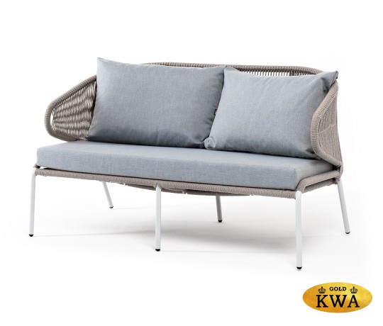"Милан" диван 2-местный плетеный из роупа, каркас алюминий светло-серый (RAL7035) муар, роуп серый меланж круглый, ткань светло-серая