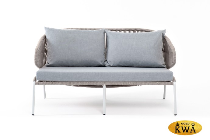 "Милан" диван 2-местный плетеный из роупа, каркас алюминий светло-серый (RAL7035) муар, роуп серый меланж круглый, ткань светло-серая
