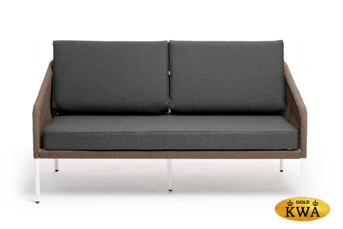 "Канны" диван 2-местный плетеный из роупа, каркас алюминий белый, роуп коричневый круглый, ткань серая