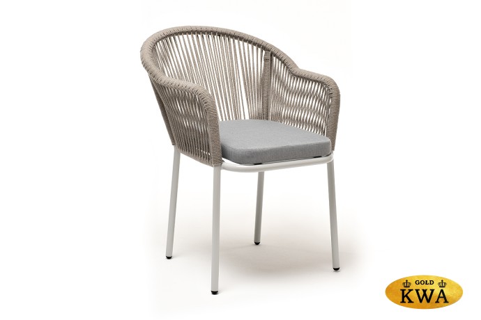 "Лион" стул плетеный из роупа, каркас из стали светло-серый (RAL7035) муар, роуп серый меланж круглый, ткань светло-серая