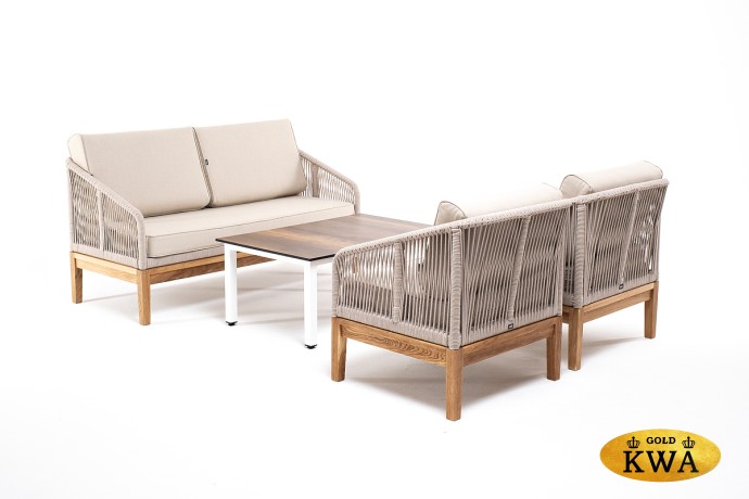 "Канны" лаунж-зона 4-местная из роупа со столиком "Канны" цвета "дуб", основание дуб, роуп бежевый