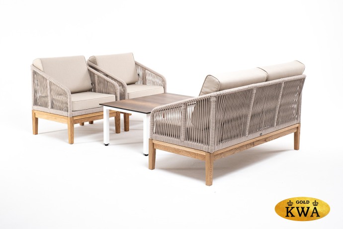 "Канны" лаунж-зона 4-местная из роупа со столиком "Канны" цвета "дуб", основание дуб, роуп бежевый