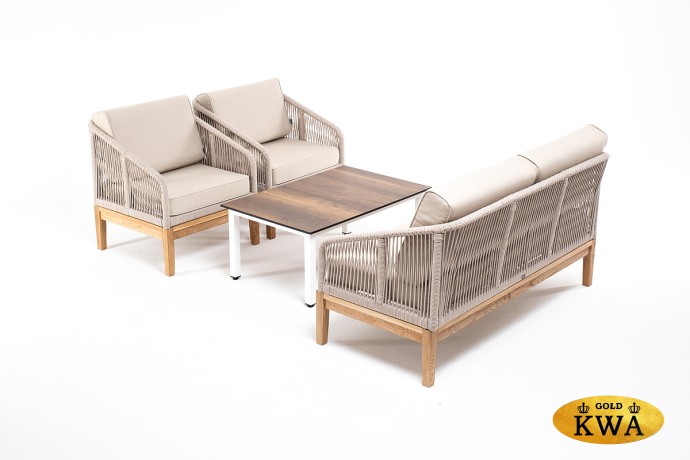 "Канны" лаунж-зона 4-местная из роупа со столиком "Канны" цвета "дуб", основание дуб, роуп бежевый