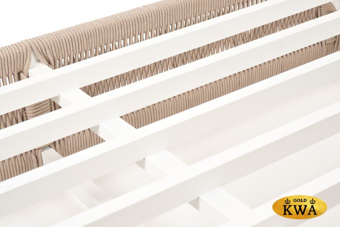 "Ривьера" шезлонг плетеный из роупа, каркас алюминий белый муар, роуп бежевый круглый, ткань бежевая 052