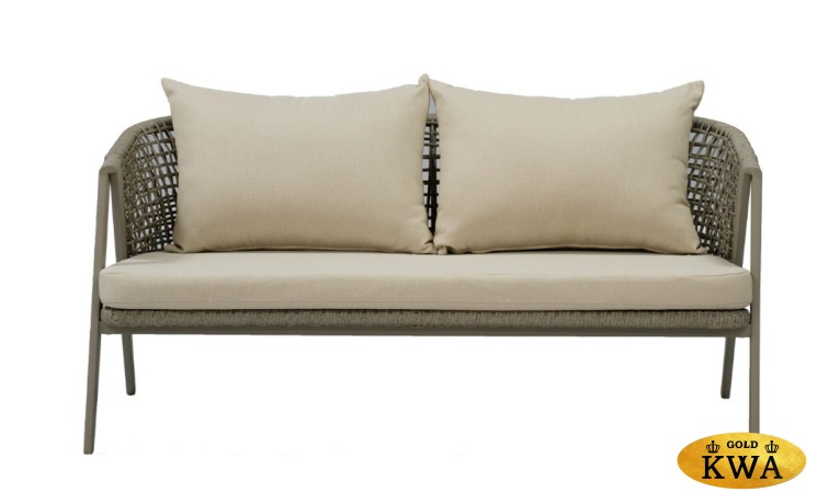 "Амстердам" диван 2-местный плетеный из роупа, каркас алюминий, роуп серый круглый, ткань бежевая