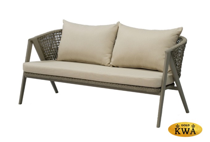 "Амстердам" диван 2-местный плетеный из роупа, каркас алюминий, роуп серый круглый, ткань бежевая