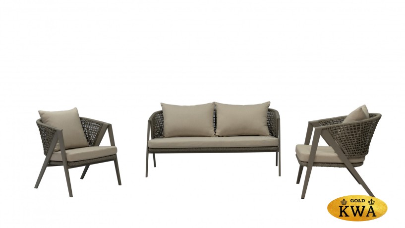 "Амстердам" диван 2-местный плетеный из роупа, каркас алюминий, роуп серый круглый, ткань бежевая