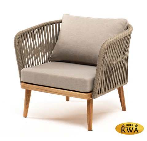 "Мальорка" кресло плетеное из роупа, основание дуб, роуп серо-коричневый 23мм, ткань бежевая 15052