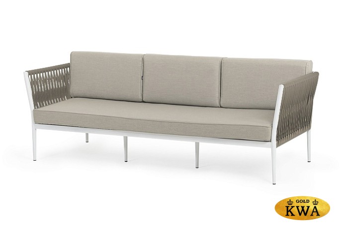 "Касабланка" диван 3-местный плетеный из роупа, каркас алюминий светло-серый (RAL7035) муар, роуп серо-коричневый 23мм, ткань бежевая 15052