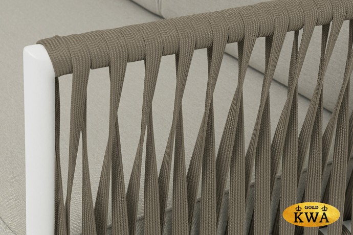 "Касабланка" диван 3-местный плетеный из роупа, каркас алюминий светло-серый (RAL7035) муар, роуп серо-коричневый 23мм, ткань бежевая 15052