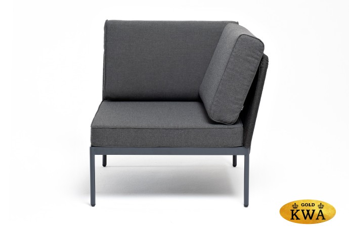 "Канны" угловой модуль плетеный из роупа, каркас алюминий темно-серый (RAL7024) шагрень, роуп темно-серый круглый, ткань темно-серая