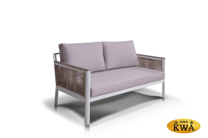 "Сан Ремо" диван 2-местный плетеный из роупа, каркас алюминий белый, роуп бежевый, ткань бежевая