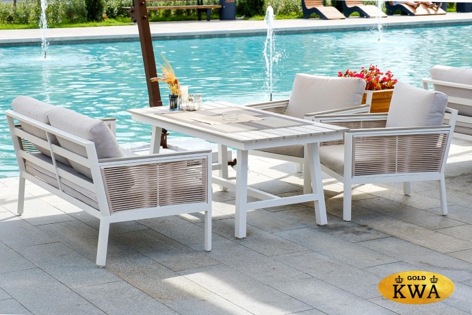 "Сан Ремо" диван 2-местный плетеный из роупа, каркас алюминий белый, роуп бежевый, ткань бежевая