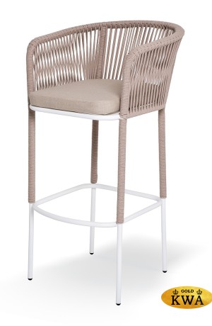 "Марсель" стул барный плетеный из роупа, каркас из стали светло-серый (RAL7035) муар, роуп светло-серый круглый, ткань светло-серая