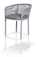 "Марсель" стул барный плетеный из роупа, каркас из стали светло-серый (RAL7035) муар, роуп светло-серый круглый, ткань светло-серая