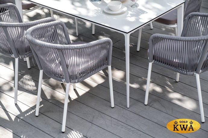 "Малага" обеденная группа на 6 персон со стульями "Марсель", каркас белый, роуп светло-серый