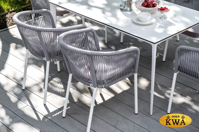 "Малага" обеденная группа на 6 персон со стульями "Марсель", каркас белый, роуп светло-серый