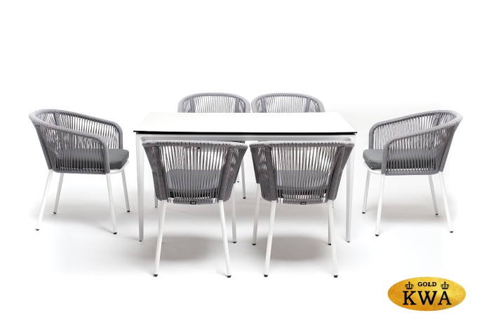 "Малага" обеденная группа на 6 персон со стульями "Марсель", каркас белый, роуп светло-серый