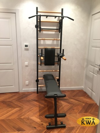 Шведская стенка комбинированная - КОМБИ - Т - БПДР - ДГВ (стенка + турник + брусья с подлокотниками с деревянными ручками + доска горизонтальная с валиками)