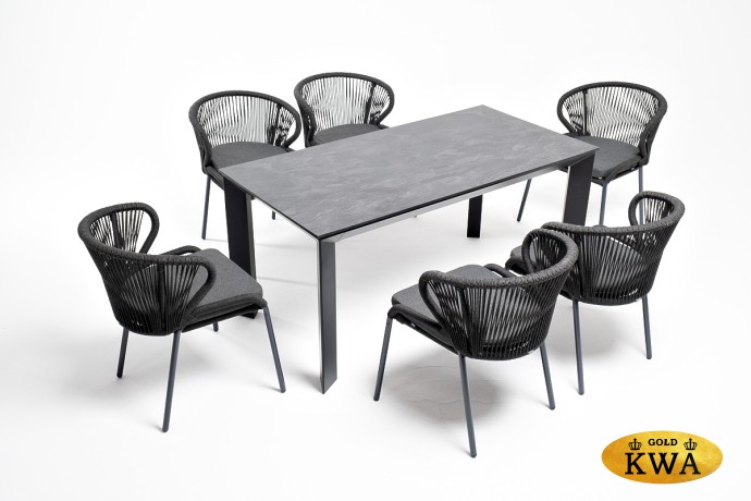 "Венето" обеденная группа на 6 персон со стульями "Милан", каркас темно-серый, роуп темно-серый