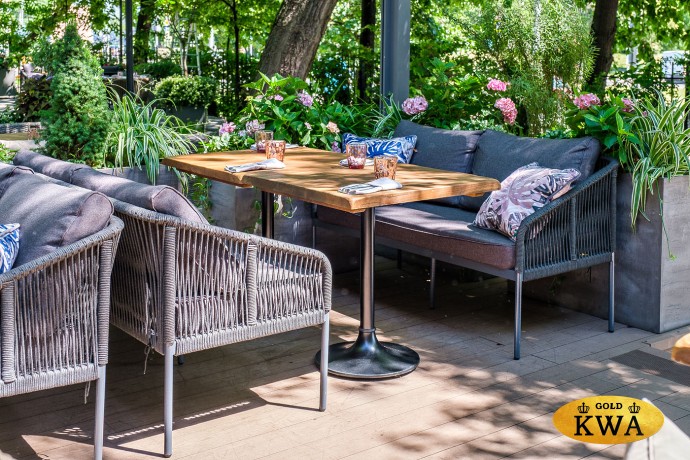 "Канны" диван 2-местный плетеный из роупа, каркас алюминий темно-серый (RAL7024) шагрень, роуп темно-серый круглый, ткань темно-серая 019