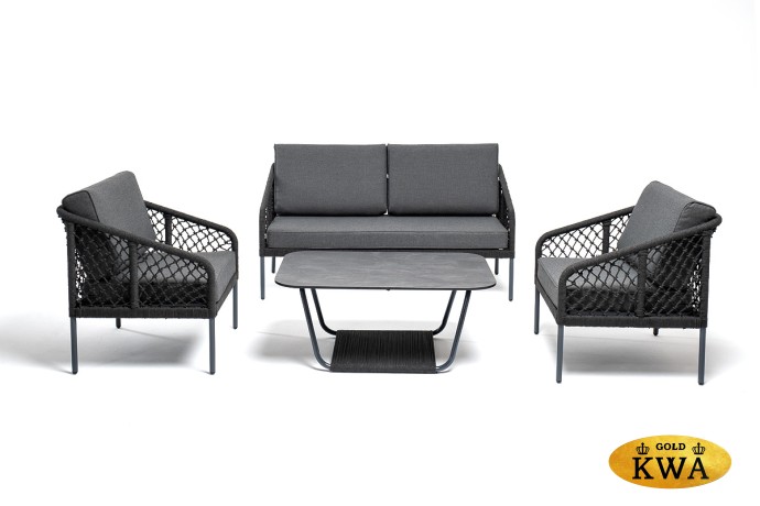 "Канны" кресло плетеное из роупа (узелки), каркас алюминий темно-серый (RAL7024) муар, роуп темно-серый круглый, ткань Savana Grafit