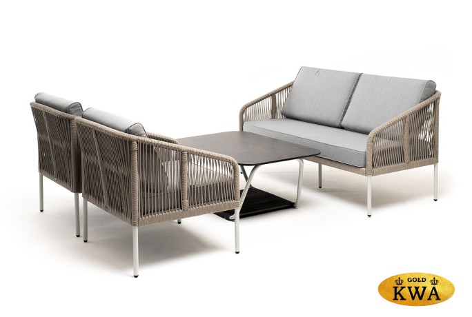 "Канны" лаунж-зона 4-местная из роупа со столом "Глория" (серый гранит), каркас алюминиевый светло-серый, роуп салатовый меланж