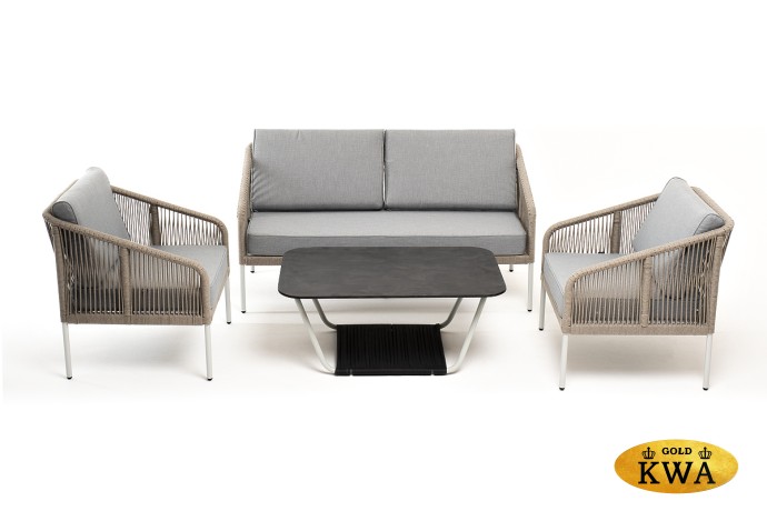 "Канны" лаунж-зона 4-местная из роупа со столом "Глория" (серый гранит), каркас алюминиевый светло-серый, роуп салатовый меланж