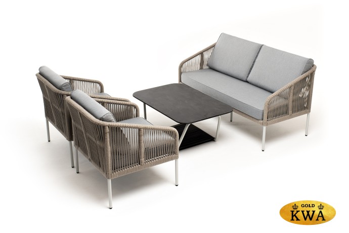 "Канны" лаунж-зона 4-местная из роупа со столом "Глория" (серый гранит), каркас алюминиевый светло-серый, роуп салатовый меланж