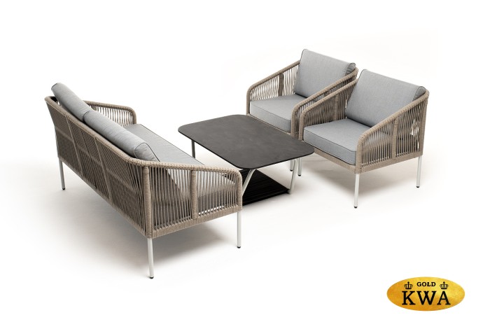 "Канны" лаунж-зона 4-местная из роупа со столом "Глория" (серый гранит), каркас алюминиевый светло-серый, роуп салатовый меланж