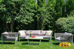 &quot;Касабланка&quot; диван 3-местный плетеный из роупа, каркас алюминий белый, роуп бежевый 20мм, ткань бежевая 035