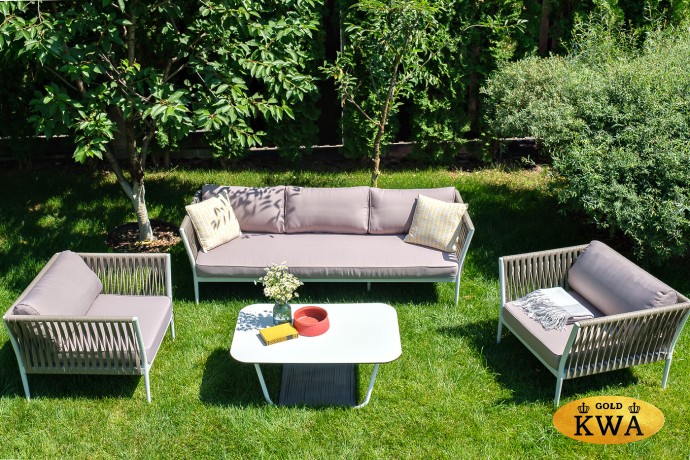 "Касабланка" диван 3-местный плетеный из роупа, каркас алюминий белый, роуп бежевый 20мм, ткань бежевая 035