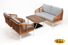 "Канны" лаунж-зона 4-местная из роупа со столом "Глория" цвет "дуб", каркас алюминиевый светло-серый, роуп оранжевый меланж