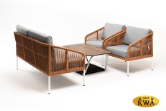 "Канны" лаунж-зона 4-местная из роупа со столом "Глория" цвет "дуб", каркас алюминиевый светло-серый, роуп оранжевый меланж