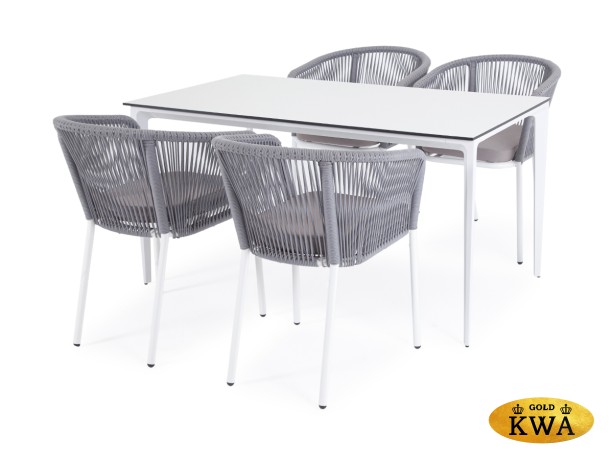 "Малага" обеденная группа на 4 персоны со стульями "Марсель", каркас белый, роуп светло-серый