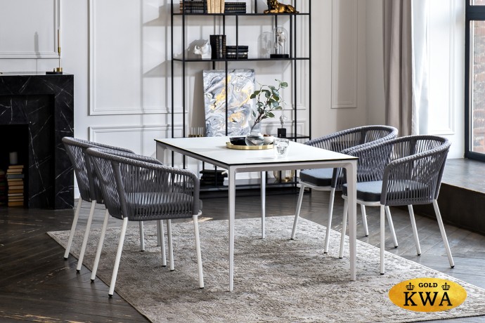 "Малага" обеденная группа на 4 персоны со стульями "Марсель", каркас белый, роуп светло-серый