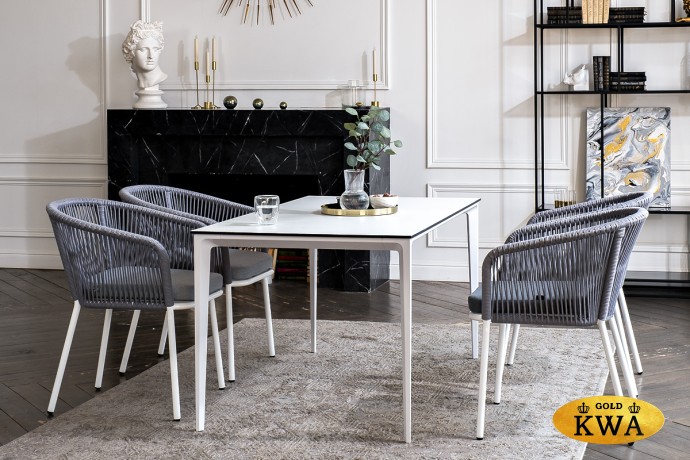 "Малага" обеденная группа на 4 персоны со стульями "Марсель", каркас белый, роуп светло-серый