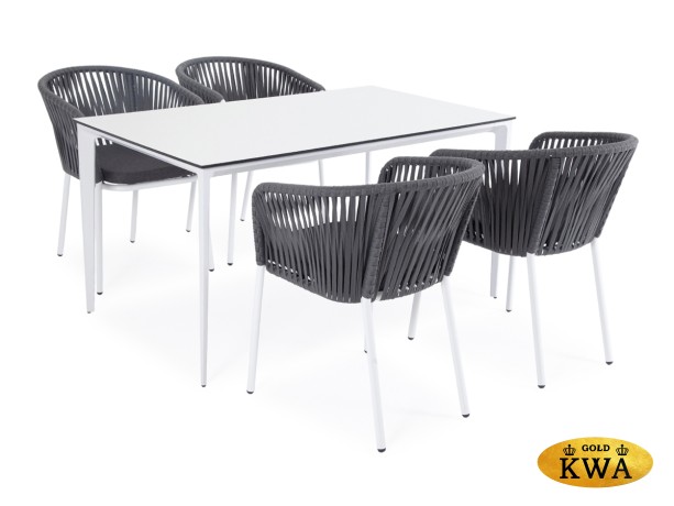 "Малага" обеденная группа на 4 персоны со стульями "Бордо", каркас белый, роуп серый