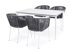 "Малага" обеденная группа на 4 персоны со стульями "Бордо", каркас белый, роуп серый