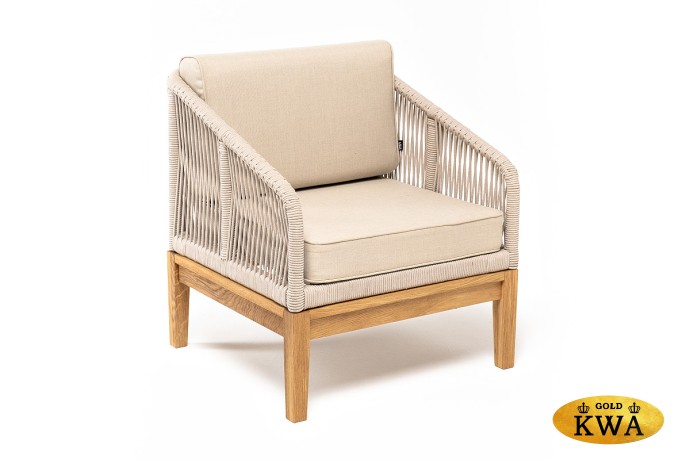 "Канны" кресло плетеное из роупа, основание дуб, роуп бежевый круглый, ткань бежевая 035