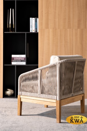 "Канны" кресло плетеное из роупа, основание дуб, роуп бежевый круглый, ткань бежевая 035