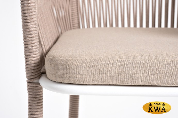 "Марсель" стул барный плетеный из роупа, каркас из стали белый муар, роуп бежевый круглый, ткань бежевая 052