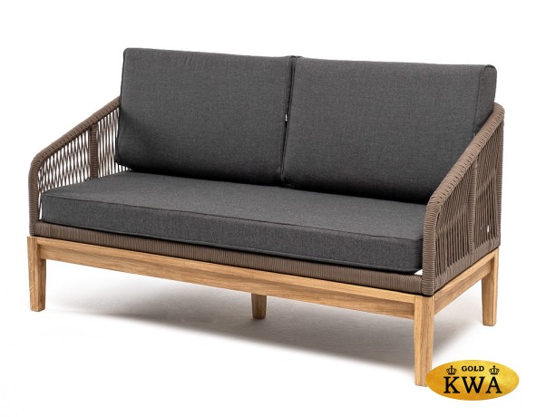 "Канны" диван 2-местный плетеный из роупа, основание дуб, роуп коричневый круглый, ткань темно-серая 019